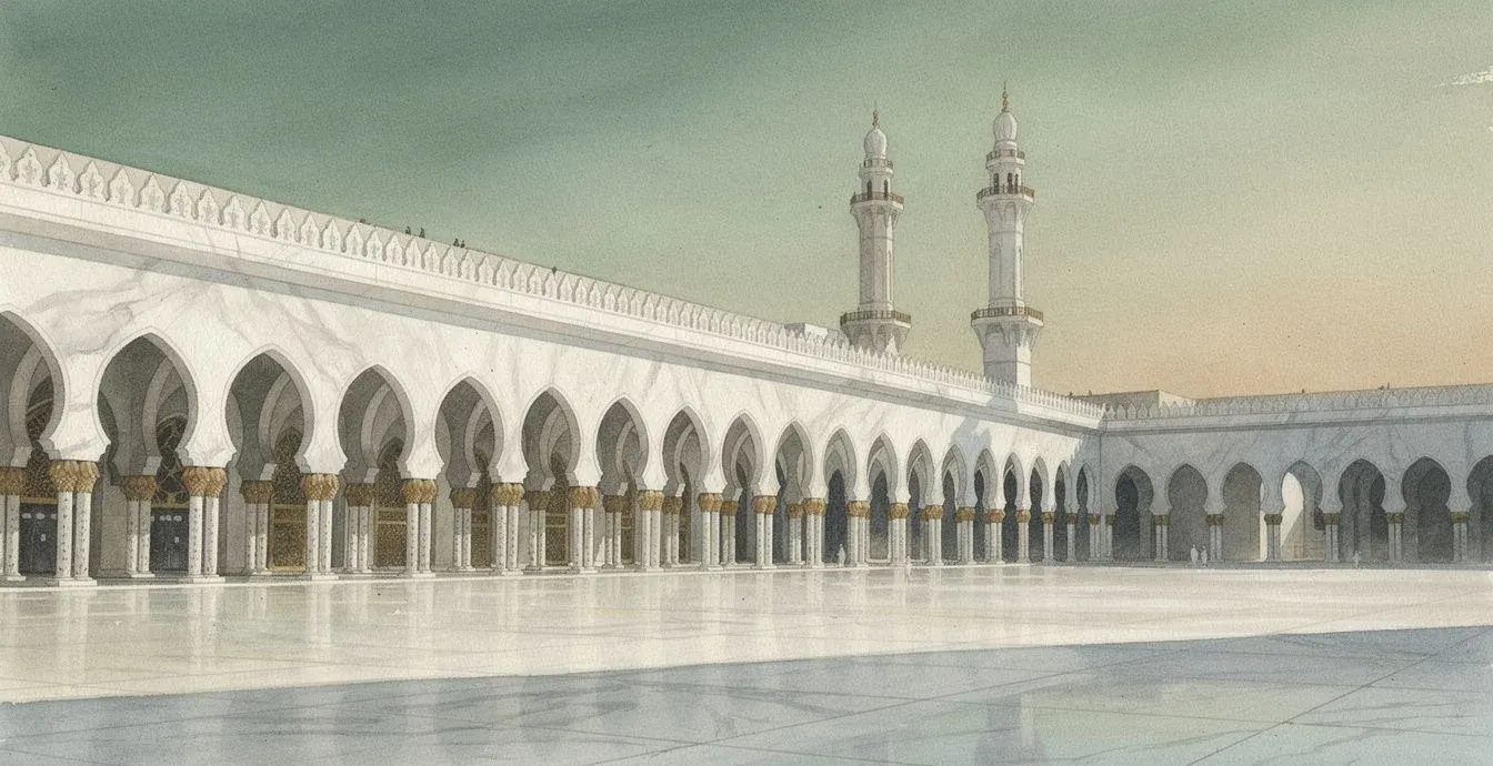 لوحة مائية للأقواس الرخامية البيضاء ومآذن المسجد الحرام